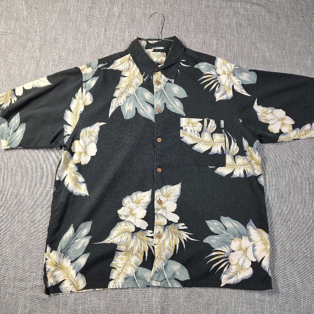 Caribbean Shirt Mens Size Large Black Tropical Hibiscus Short Sleeve Silk Button